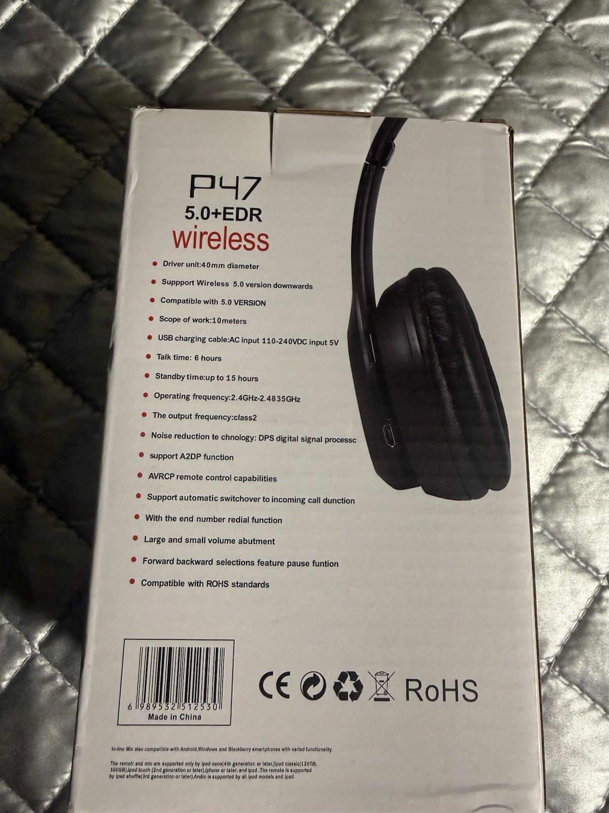 P47 P47 5.0+EDR Bluetooth Over-Ear Headphones Black Noise Cancel w/ Mic