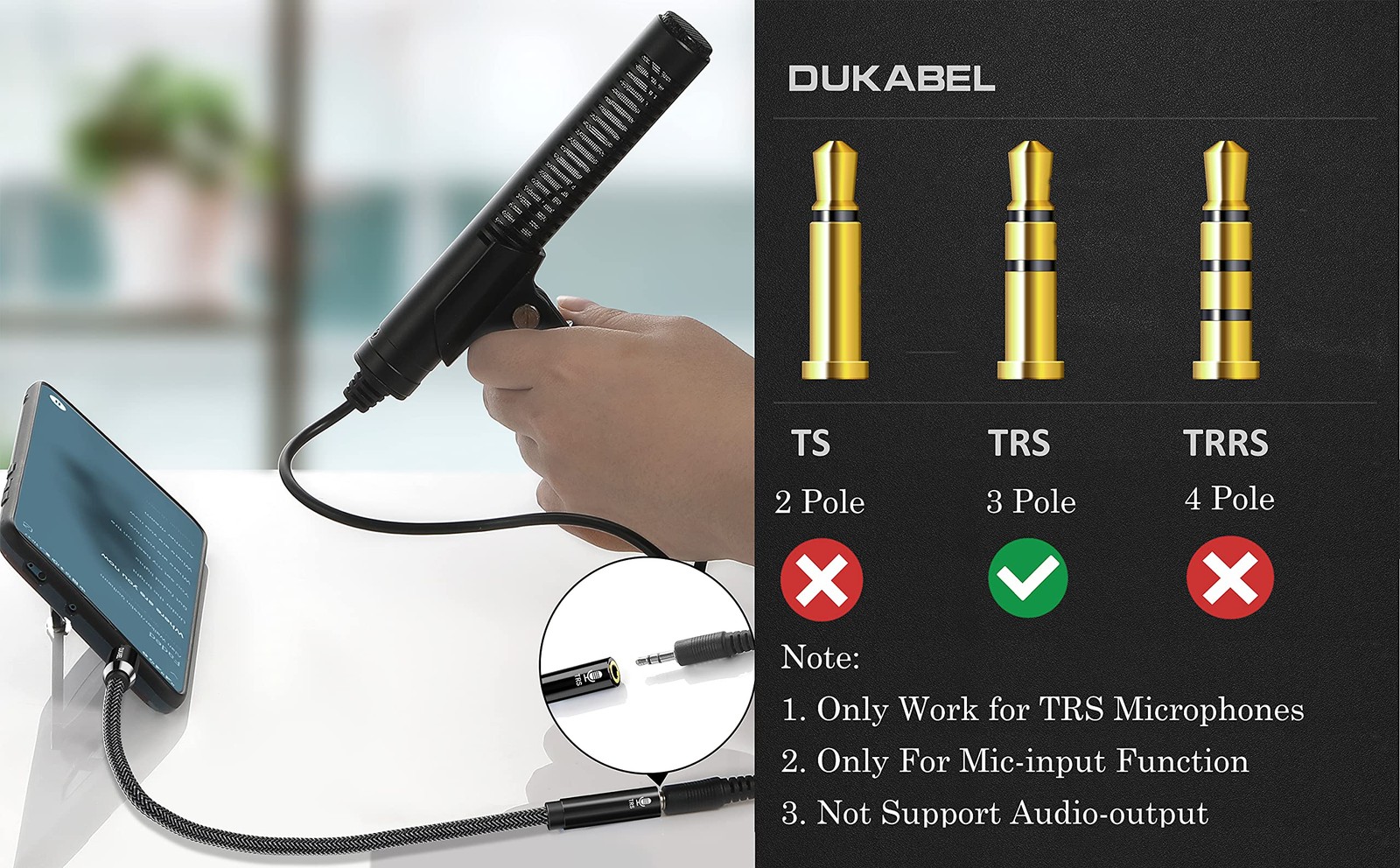 DUKABEL DC4 3.5mm TRS to TRRS Adapter Cable, Microphone Audio Adapter, TRS Femal