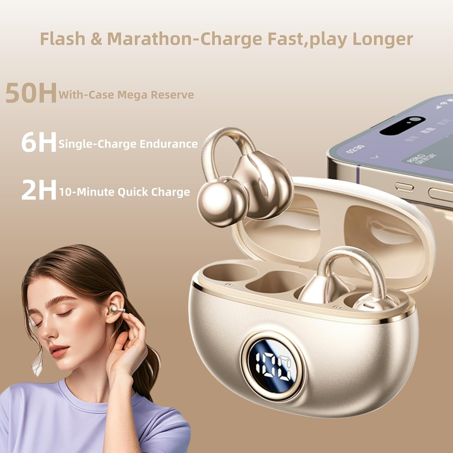 Auriculares Bluetooth 5.3Clip Open Ear IPX5 50H Bateria Carga Rapida Bass Blanco