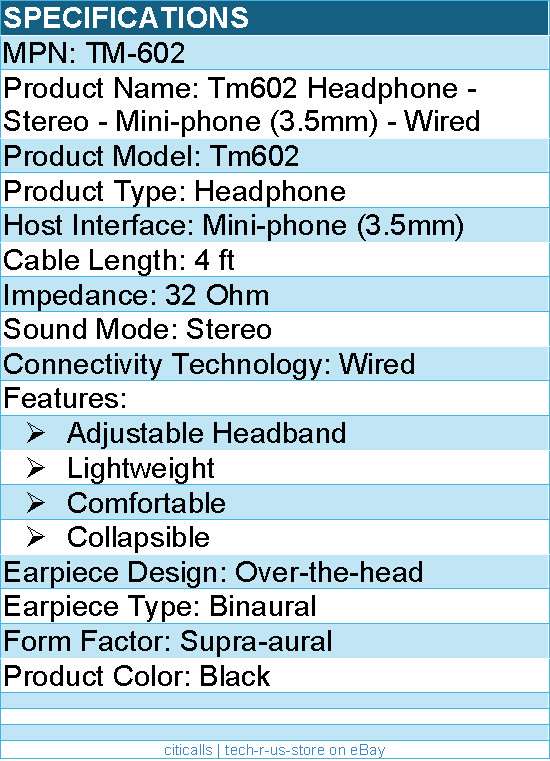 Koss TM-602 Headphone – Stereo – Mini-phone (3.5mm) – Wired – Black