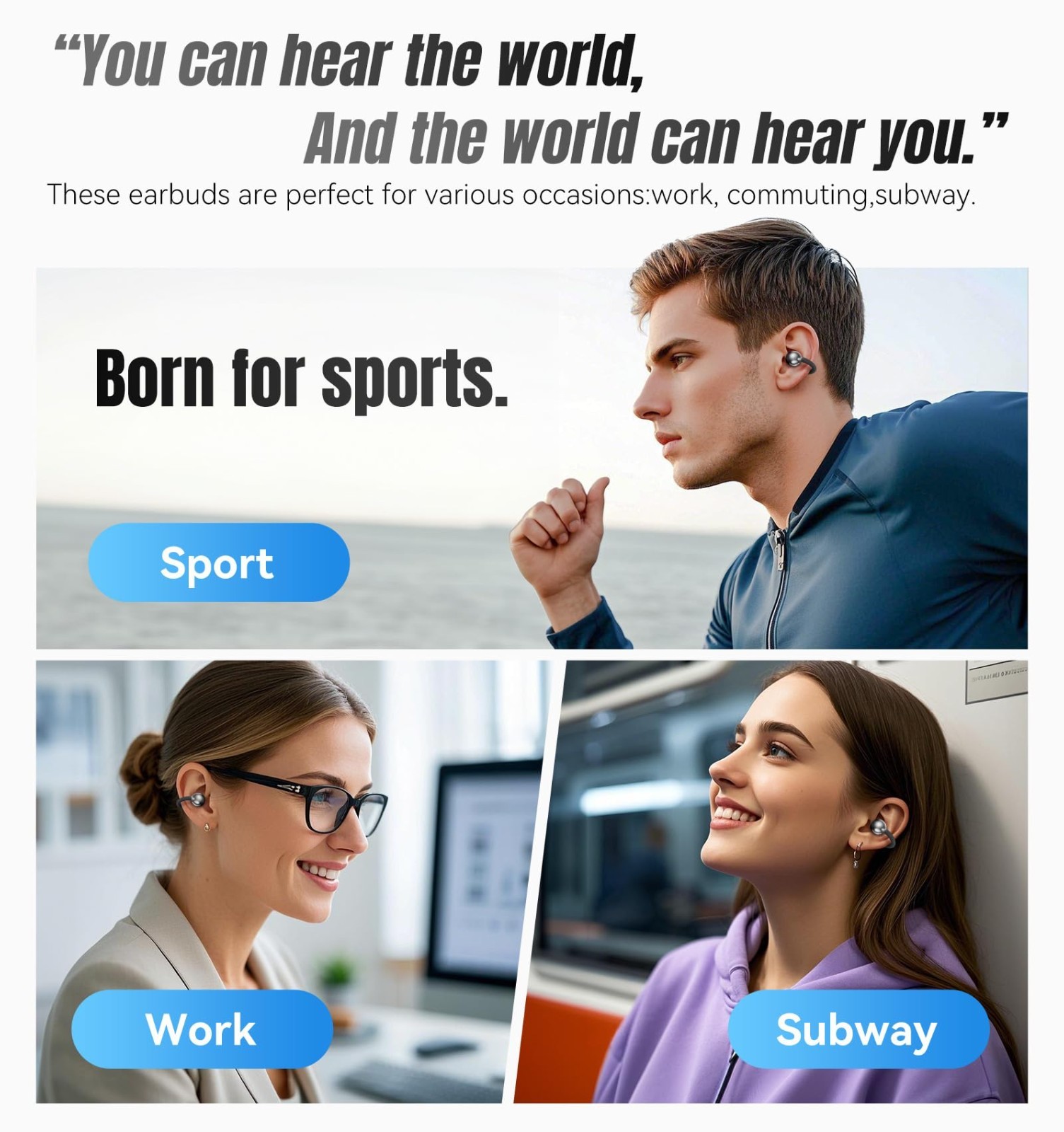 Open-Ear Wireless Bluetooth 6.0 Earbuds, 50H Playtime, IPX5 Waterproof, Mic, Sec