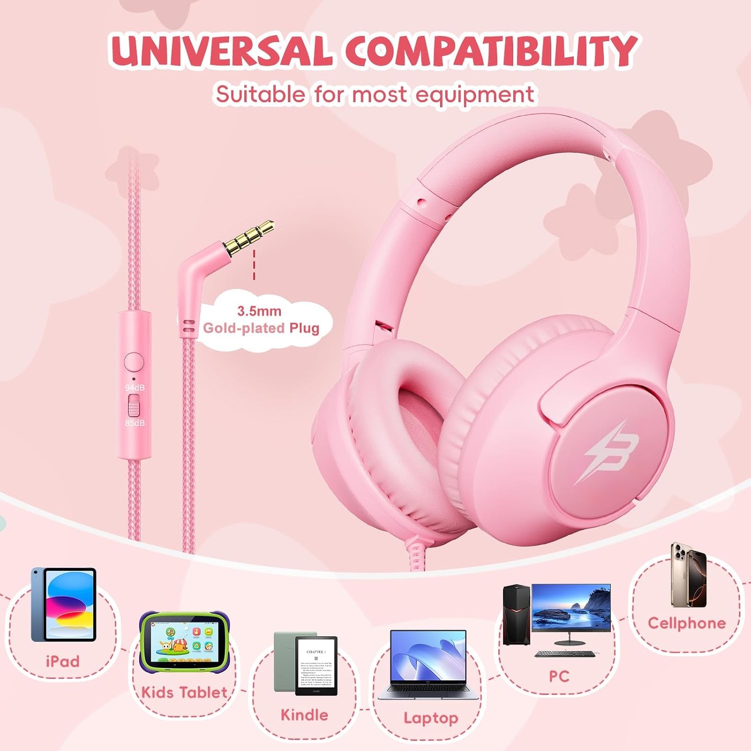 Wired Headphones for Kids for School, 3.5mm Cord Safe Volume Limit, Pink | Over