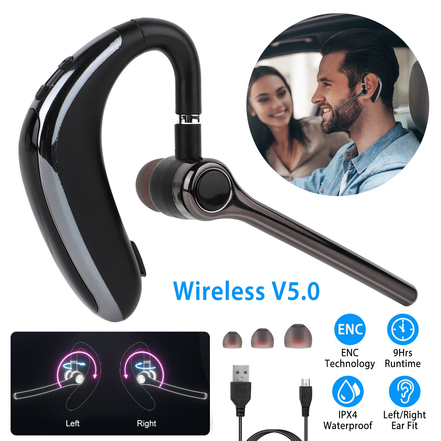 Wireless V5.2 Earpiece 24Hrs Talktime Headset ENC Driving Earbuds Rotatable