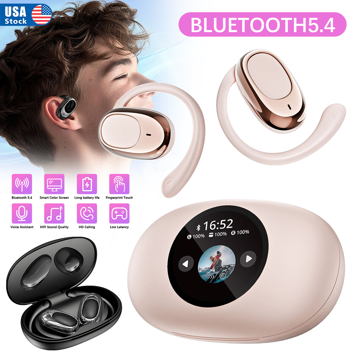 LCD HD screen Over The Ear Earbuds Bluetooth Wireless Multi language switching #