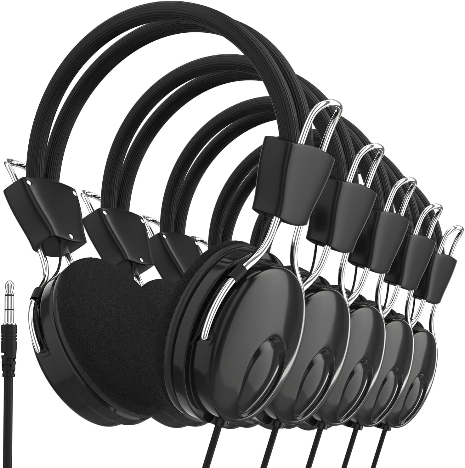 5 Pack Bulk Wired On-Ear Headphones with 3.5mm Plug for Classroom Library Travel