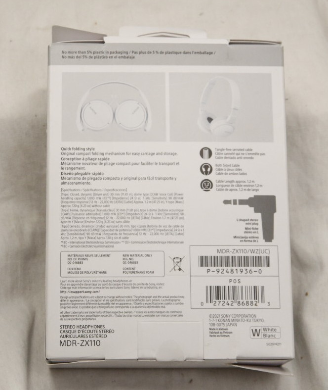 Sony MDR-ZX110 Ear-Pad (On the Ear) Headband Headphones – White