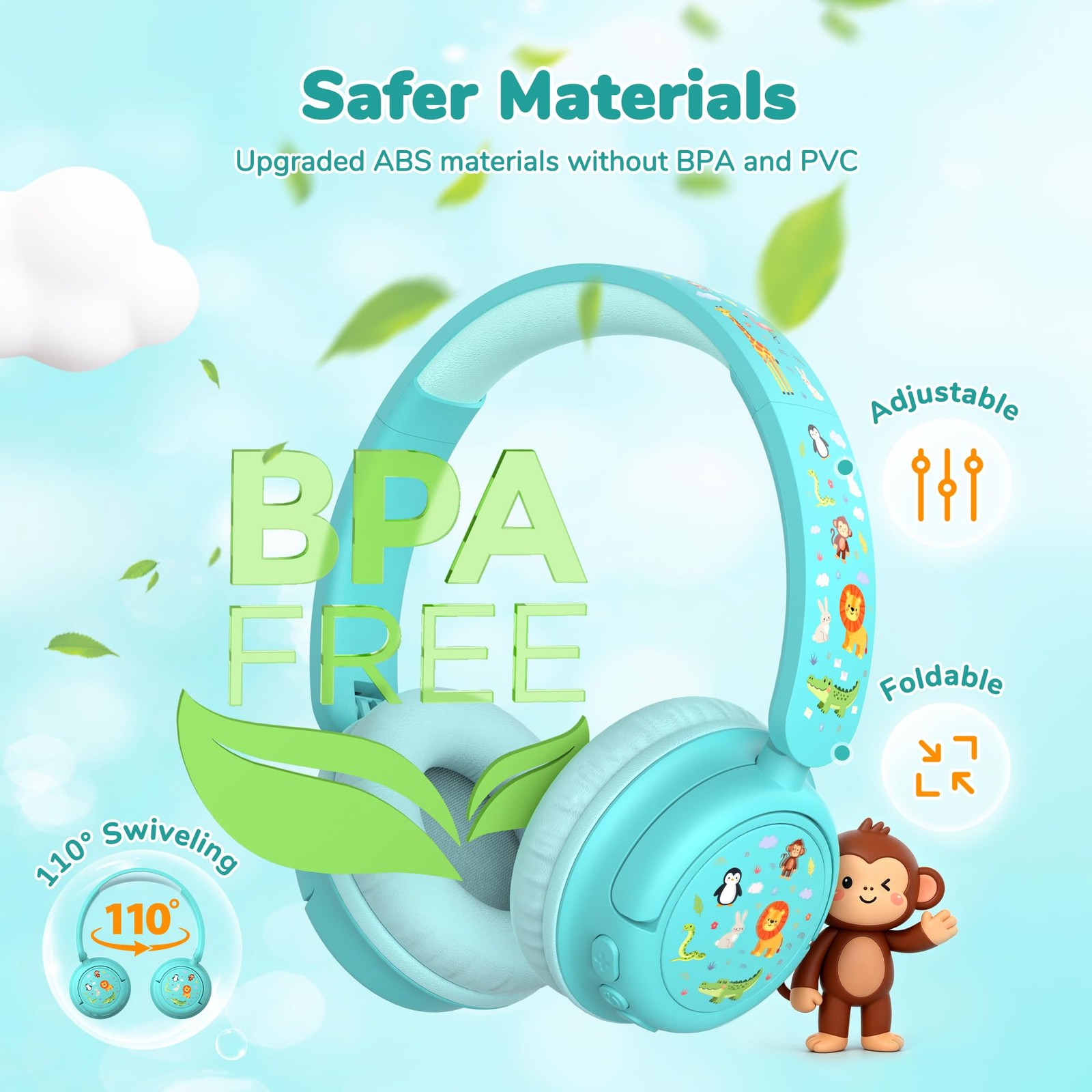 iClever BTH22 Green Kids Headphones: 60H Play, Safe Vol, BT 5.4, USB-C, AUX