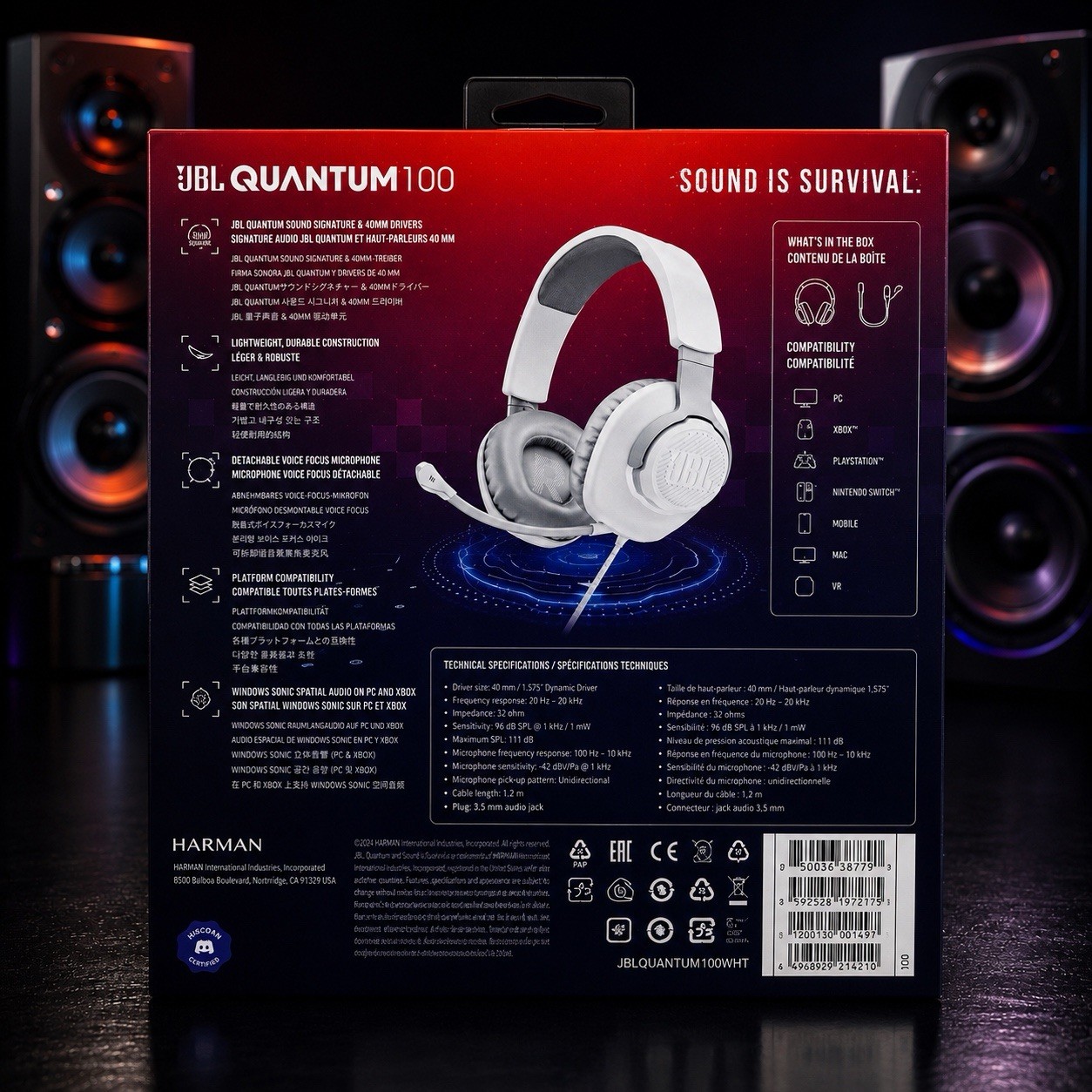 JBL Quantum 100 Wired Over-Ear Gaming Headset – White
