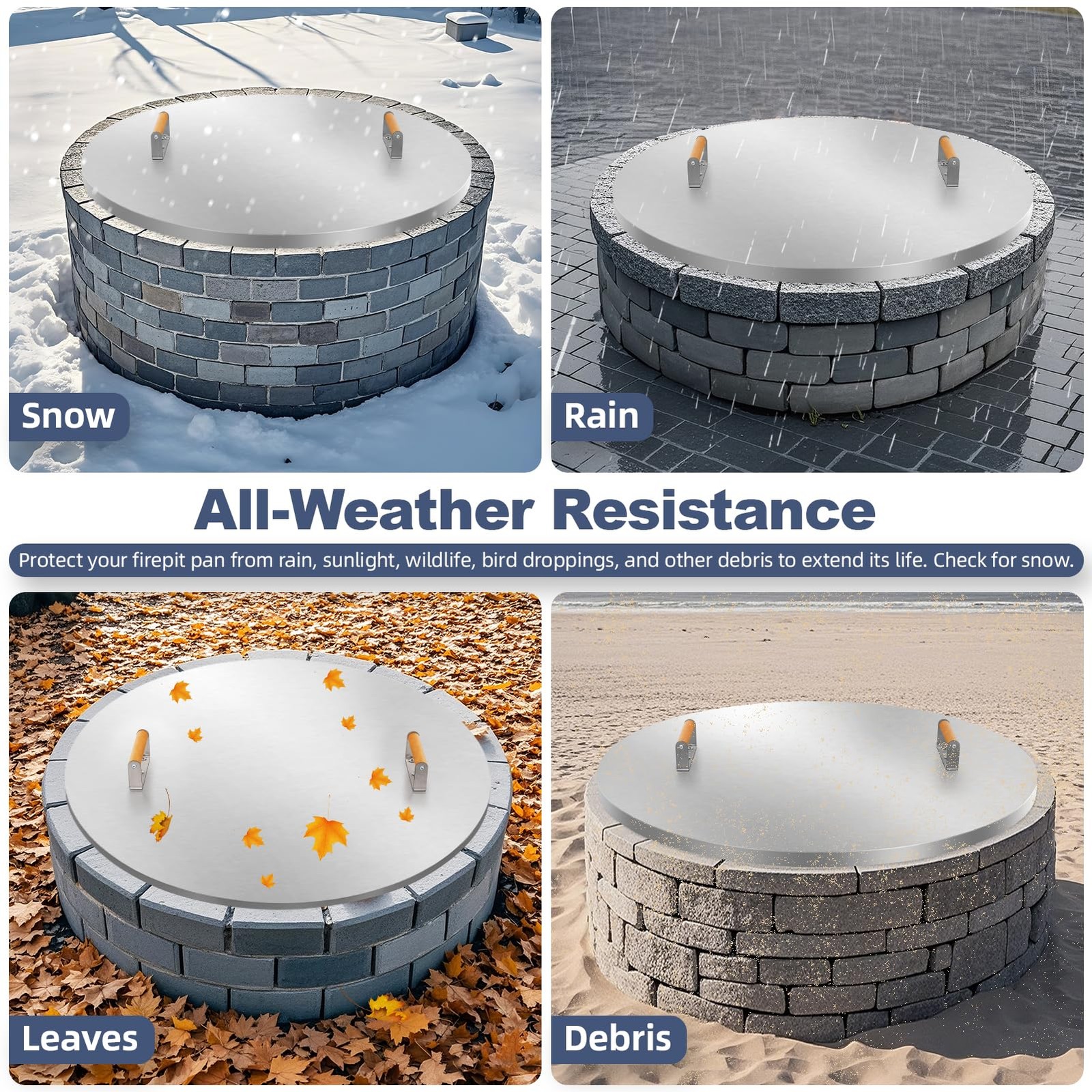 Fire Pit Lid Round 34″ – Stainless Steel Firepits Cover with Wooden Handles f…