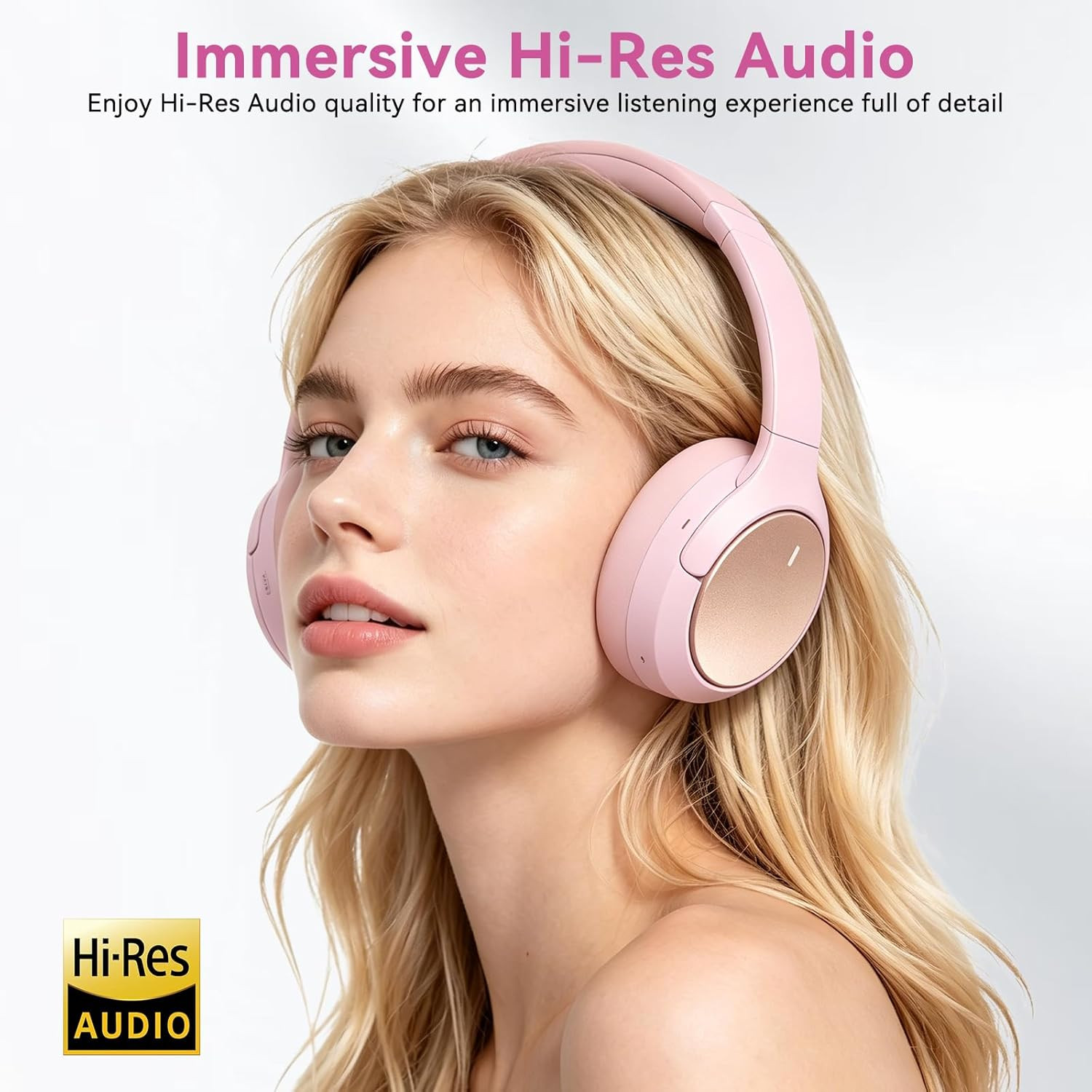 Pink Hybrid ANC Wireless Headphones – 100H Playtime, Hi-Res Audio, Travel-Friend