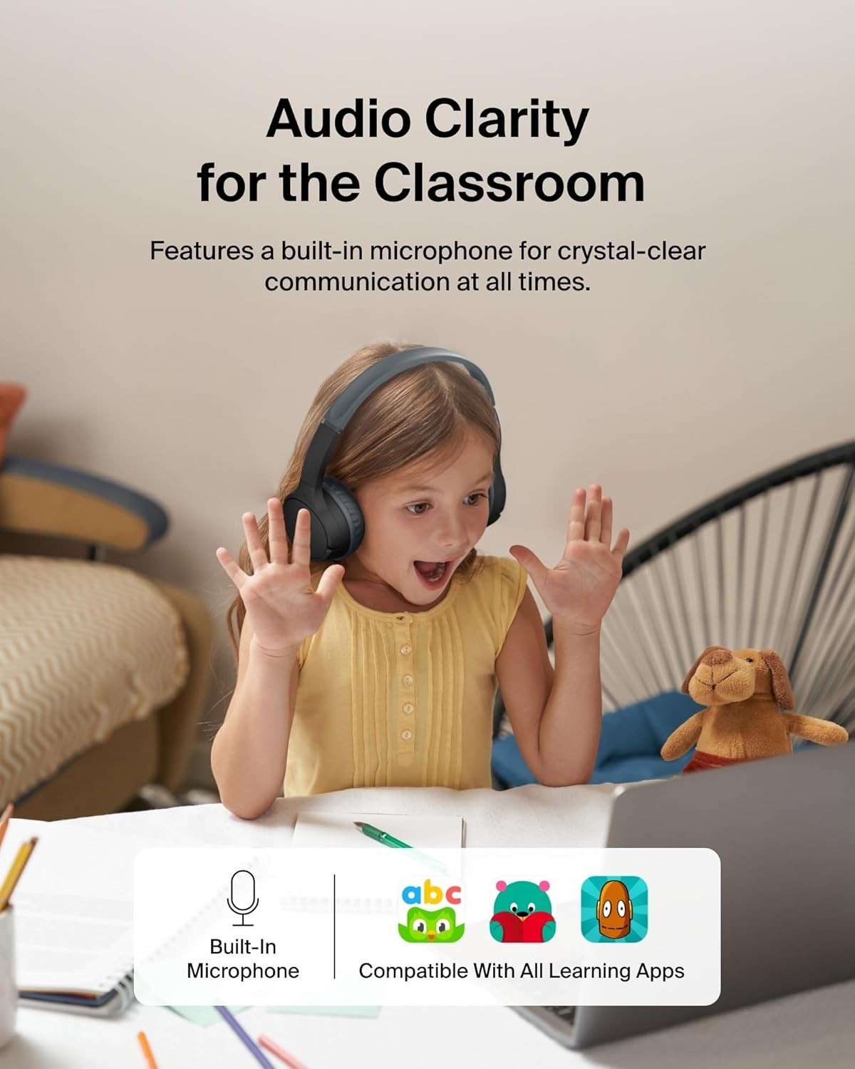 Belkin Wireless Kids Headphones, Volume Safe, 30H Fast Charge, School, Black