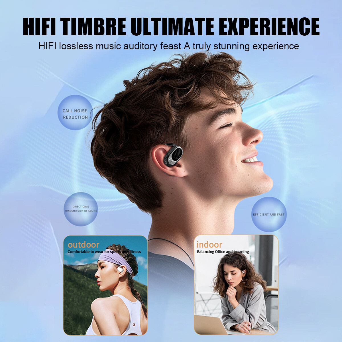 LCD HD screen Over The Ear Earbuds Bluetooth Wireless Multi language switching #
