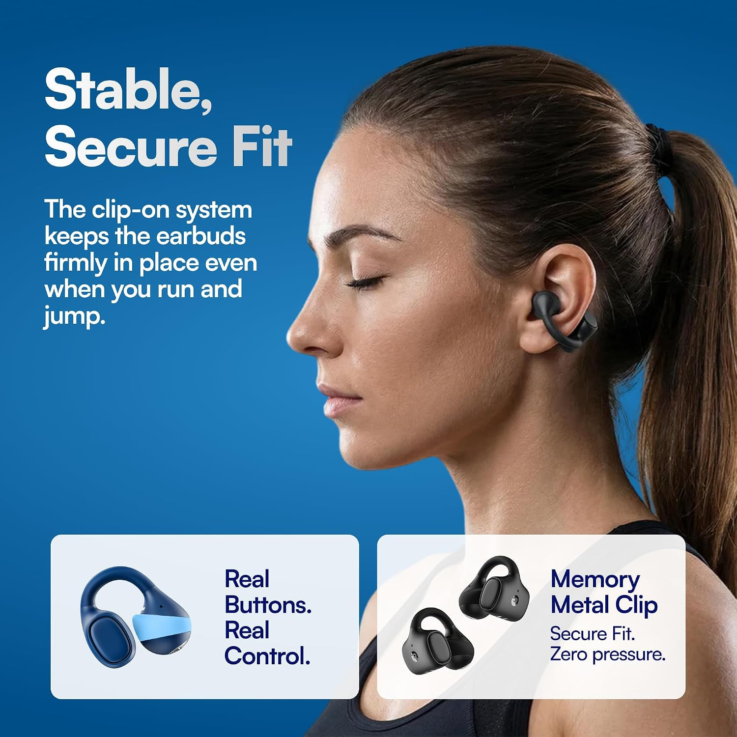 Everyday Clip on Earbuds – Open Ear Headphones, Lightweight Wireless Earbuds Blu