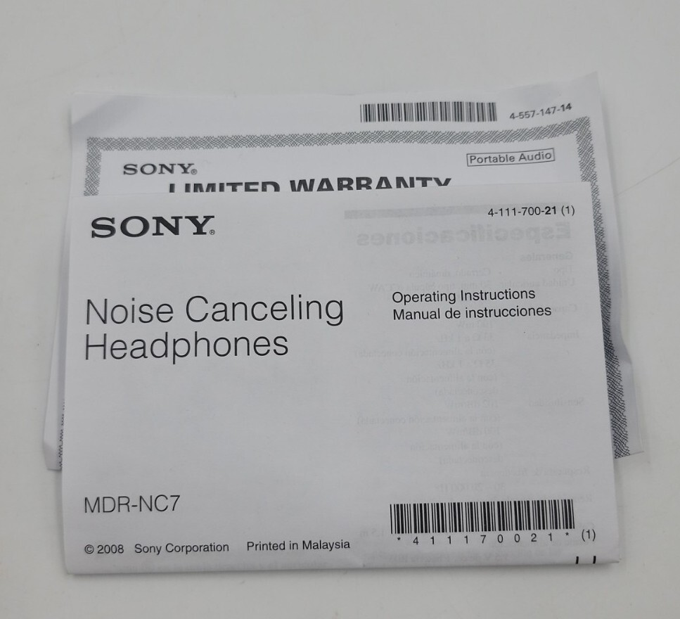 Sony MDR-NC7 Noise Canceling Headphones W/ Manual, Airplane Adapter, Sony Pouch