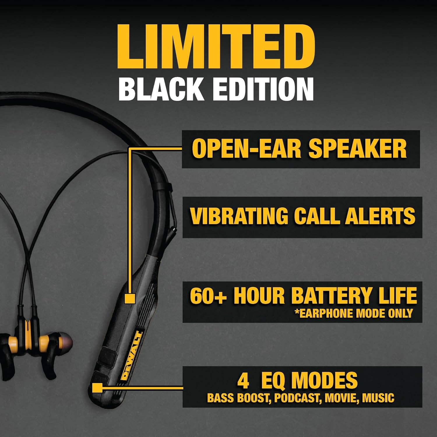 DEWALT Heavy Duty Black Edition 2-In-1 Neckband Bluetooth Headphones W/Built-In