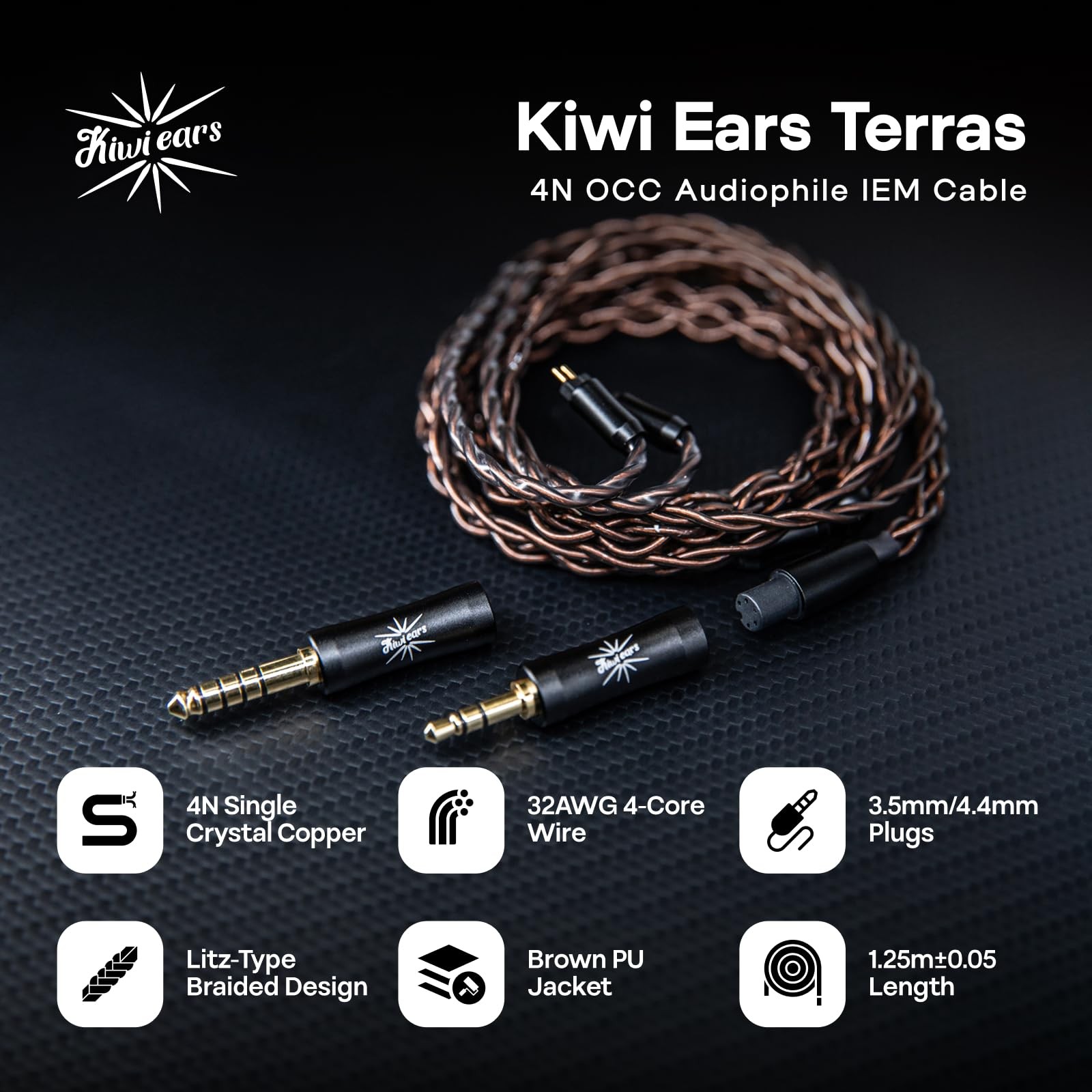 Kiwi Ears Terras IEM Cable,4N Single Crystal Copper 32AWG 4-Core in Ear Monit…