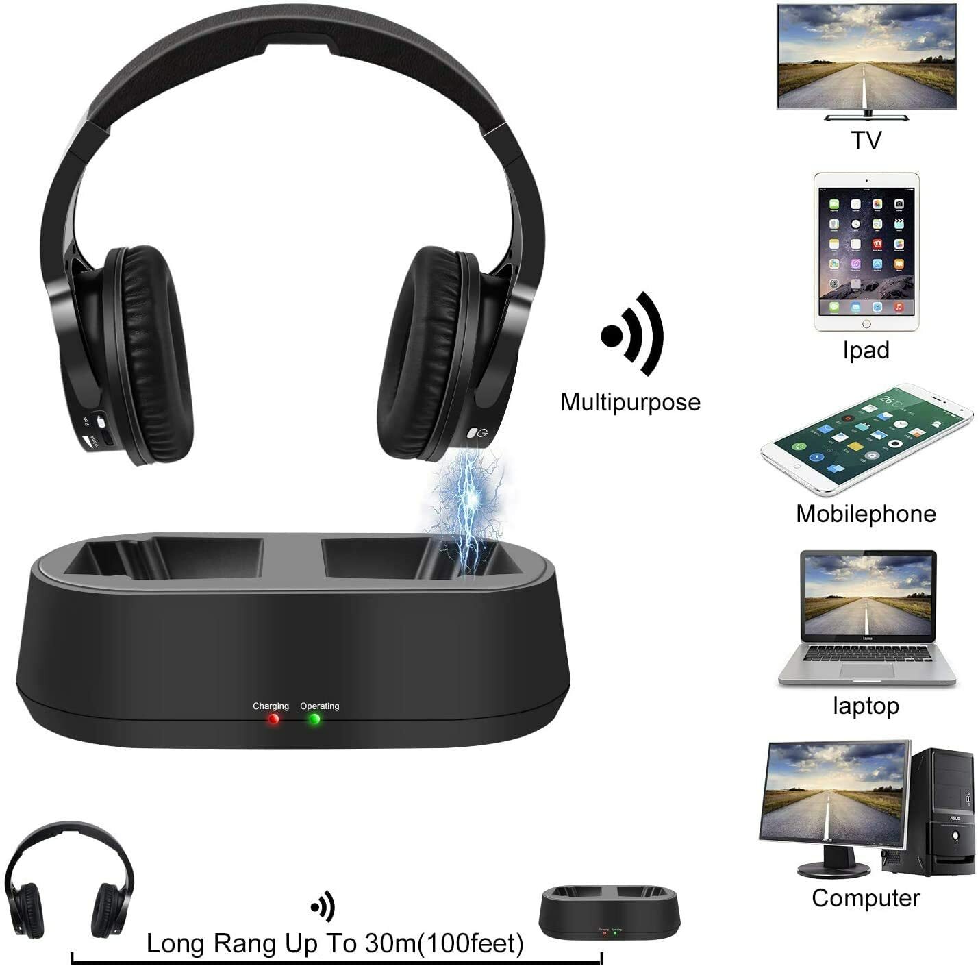 Rybozen Wireless TV Headphones with Transmitter Dock, Over-Ear Cordless Headset