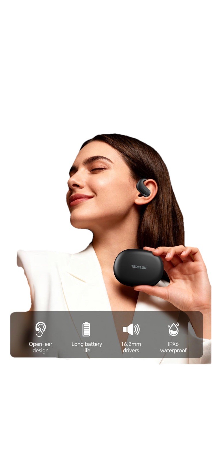 Open Ear Headphones Bluetooth 5.4: 50H Playtime 16.2mm Drivers, Open Ear Tedelon