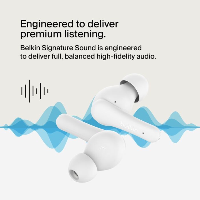 Belkin SoundForm Rhythm True Wireless Earbuds Bluetooth Multipoint 28H ENC White