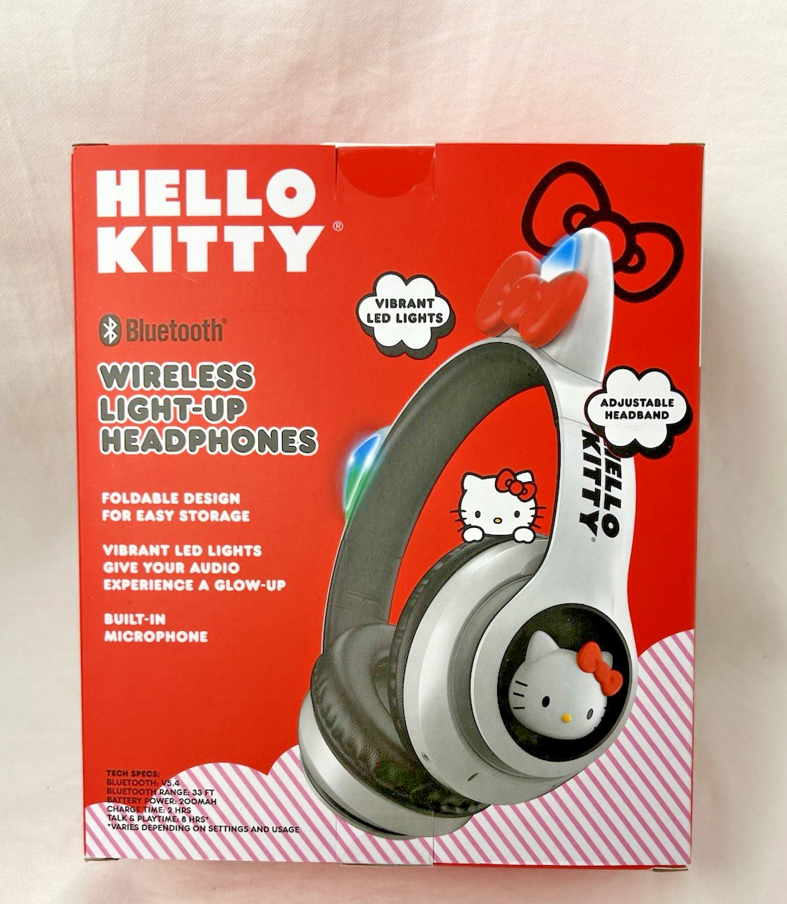 Hello Kitty Wireless Light Up Headphones Bluetooth White Sanrio Foldable Adjust