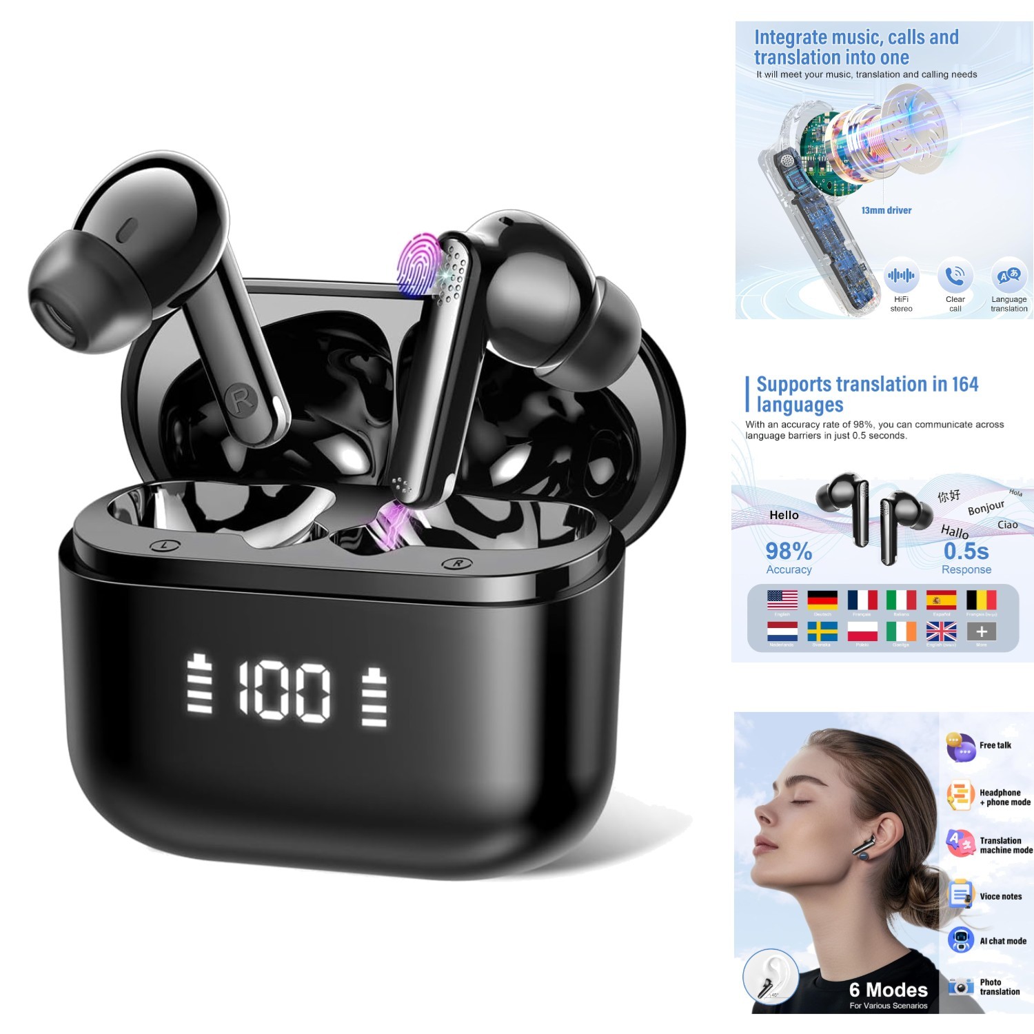 Bluetooth 5.4 Translator Earbuds 164 Languages Real Time Audio Video Call ANC