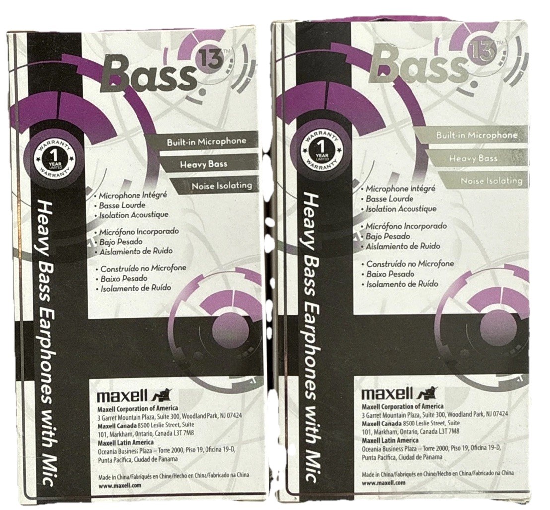 Maxell 199730 Bass 13 Heavy-Bass in-Ear Earbuds with Microphone (Purple). 2 Pack
