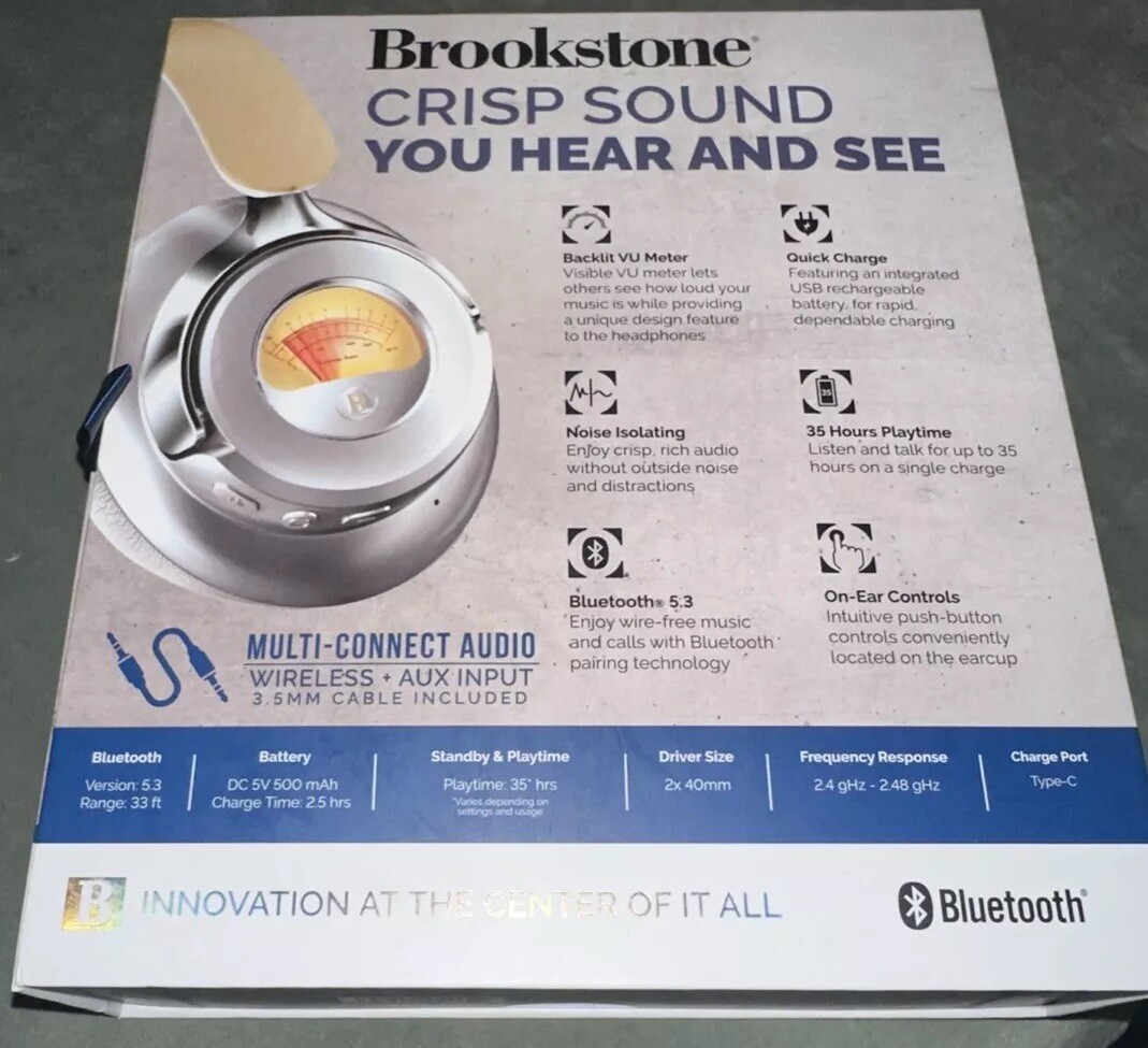 NIB Brookstone Acoustic Pro Wireless Metered Bluetooth 35 Hours Play Headphones