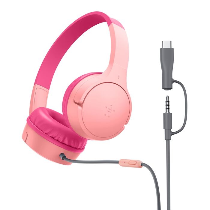 Belkin Kids Headphones Wired, Volume Limited, USB-C 3.5mm Parents Trusted – Pink