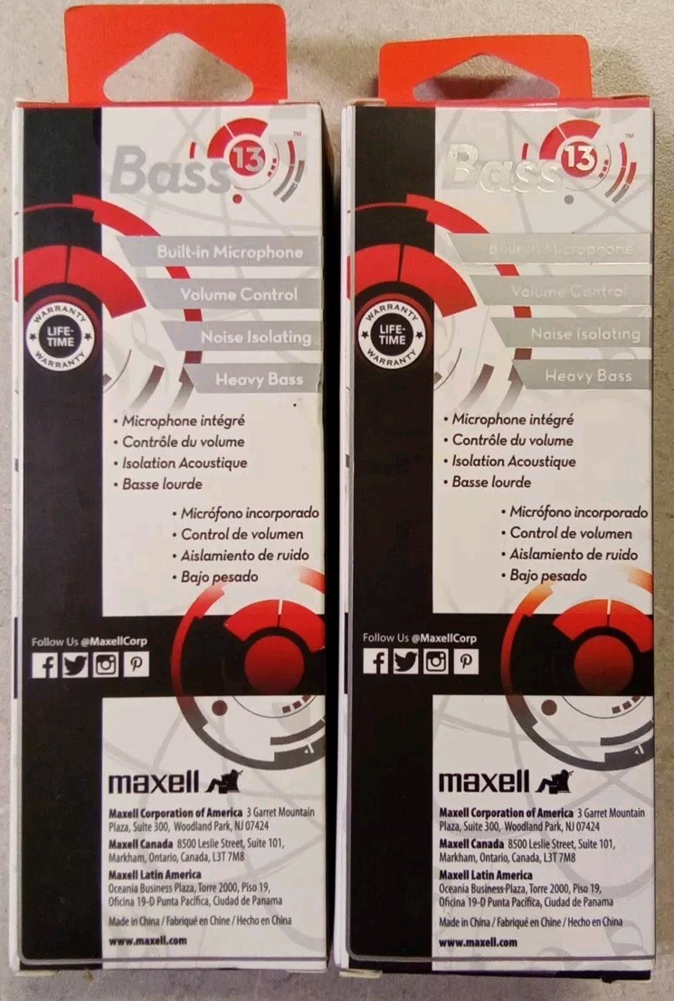 2 Maxell Bass 13 Metallic Stereo Earbuds with Built-in Mic. Noise Isolating. Red