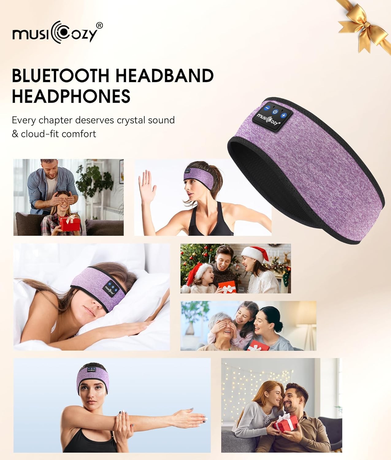 MUSICOZY Sleep Headphones Bluetooth 5.4 Headband, Wireless Light Purple