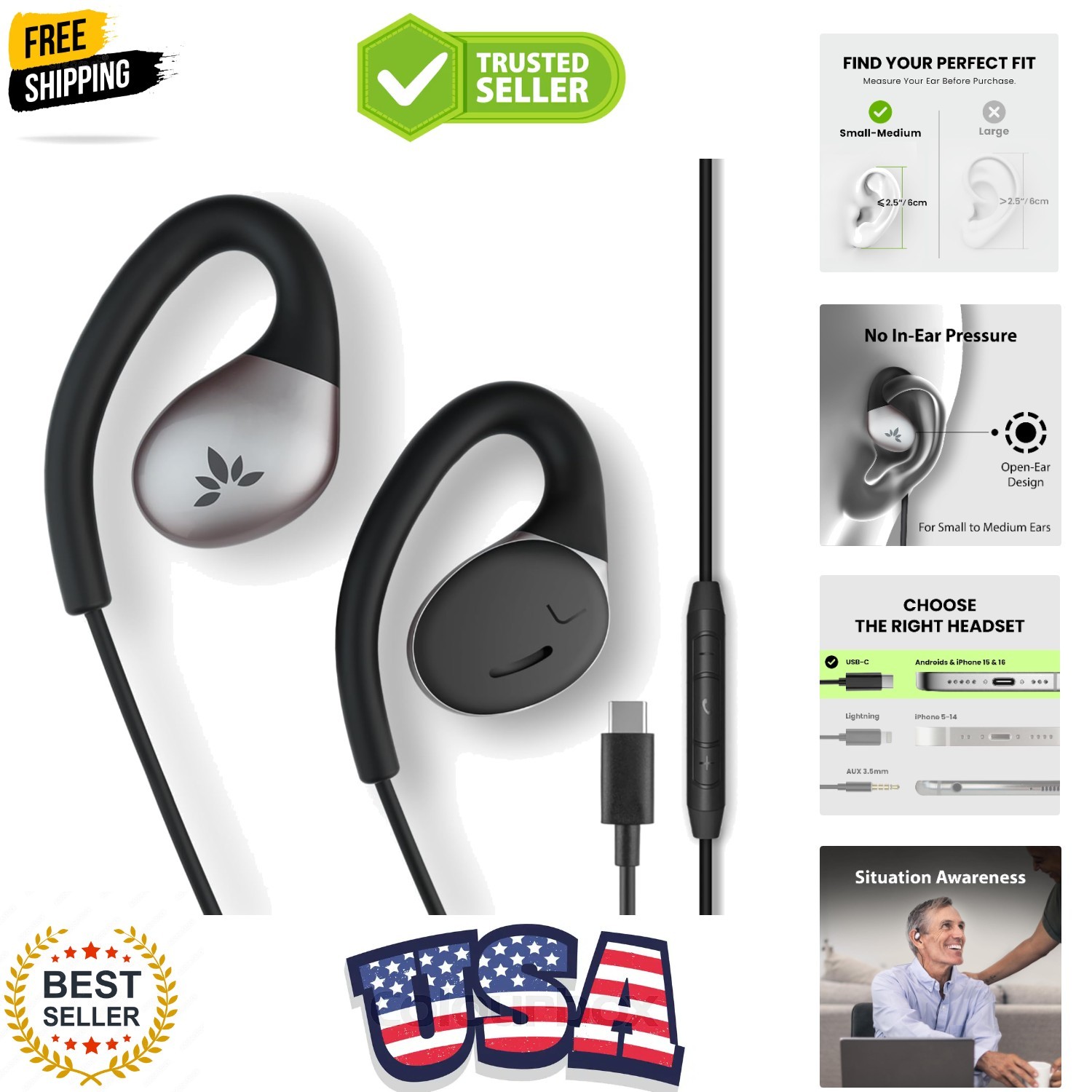 Resolve – USB-C Wired Open-Ear Earbuds w/Mic & Over-Ear Hook, for Women, Kids…