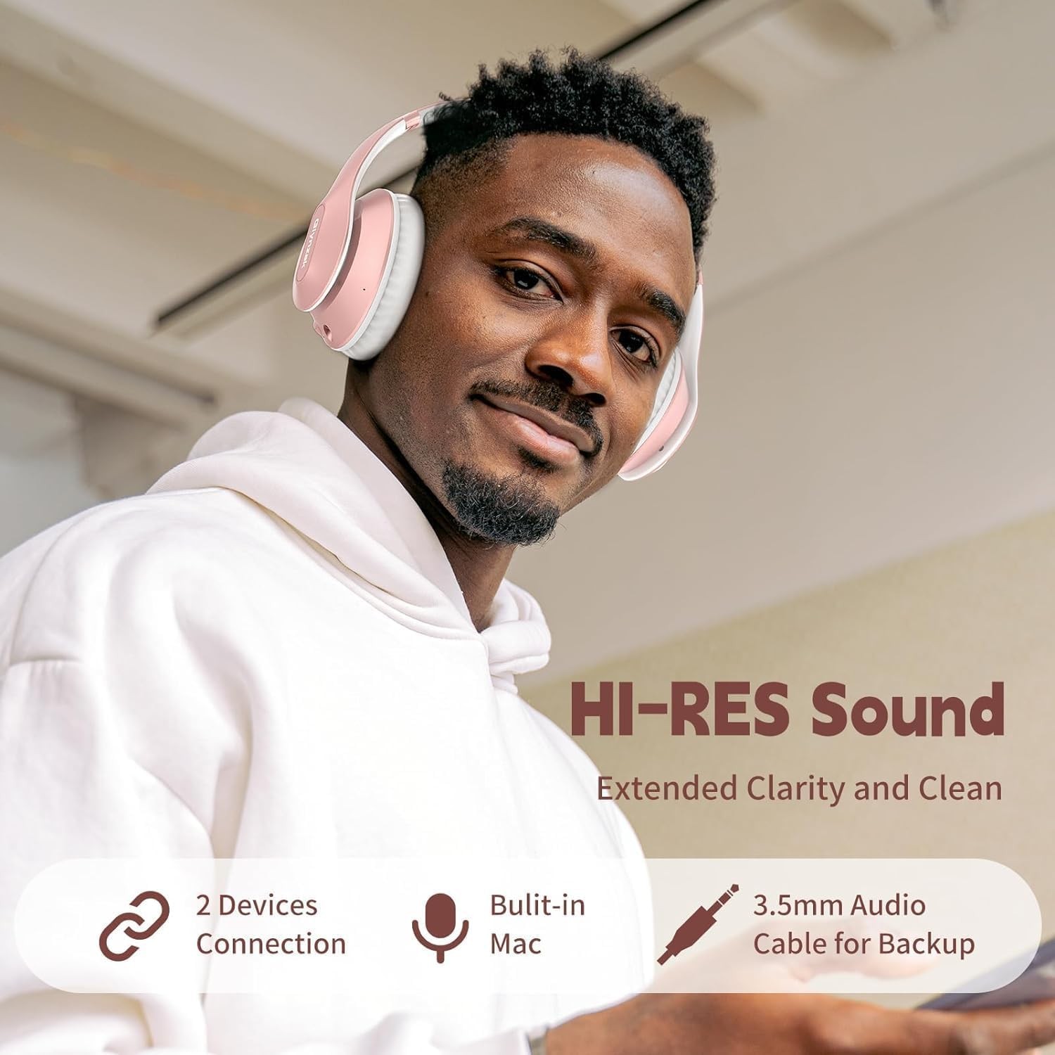 Wireless Bluetooth 6.0 Headphones Over Ear 65H Playtime 6 EQ Mic Rose Gold