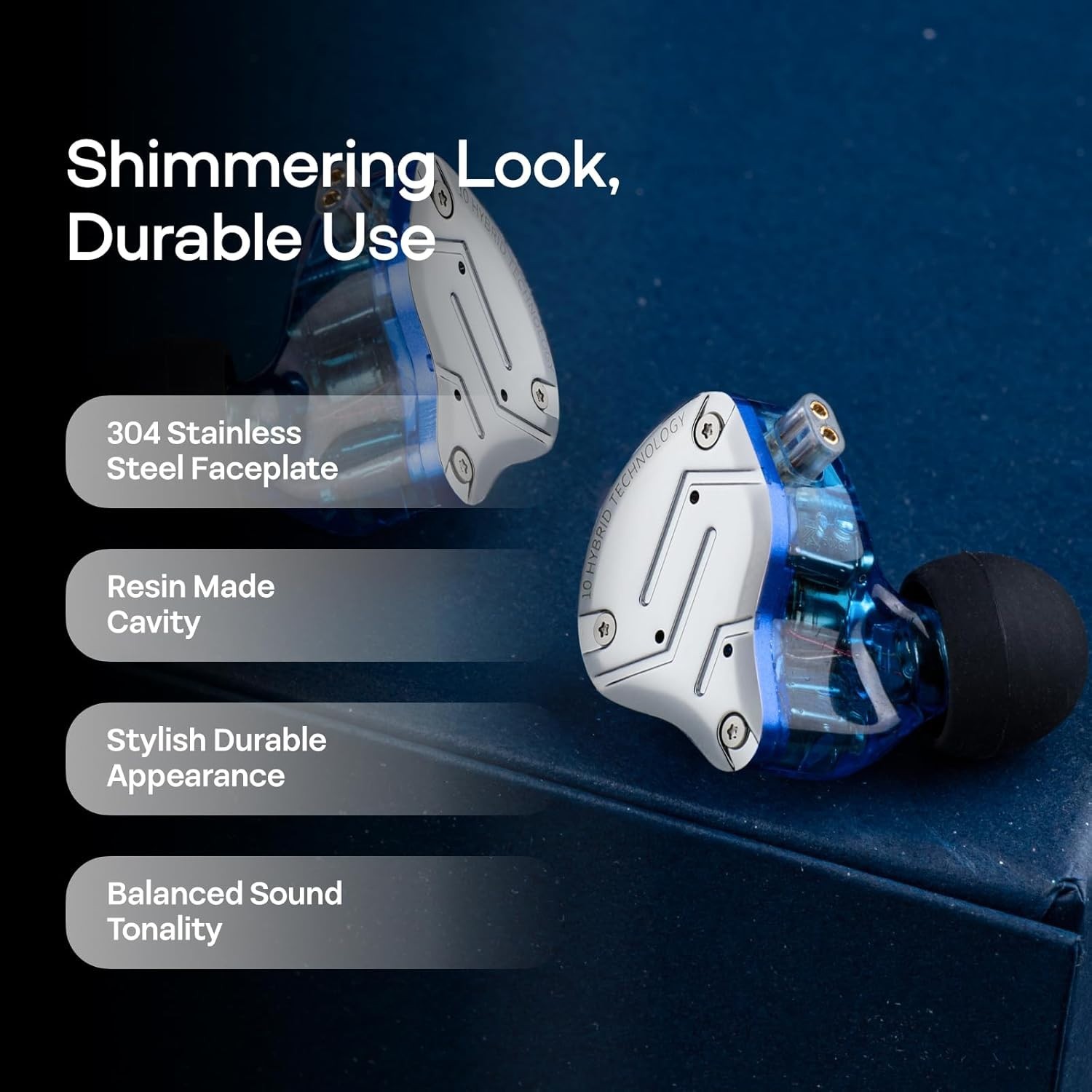 High-Fidelity 4BA+1DD Hybrid Earbuds with Stainless Steel for Musicians, Blue