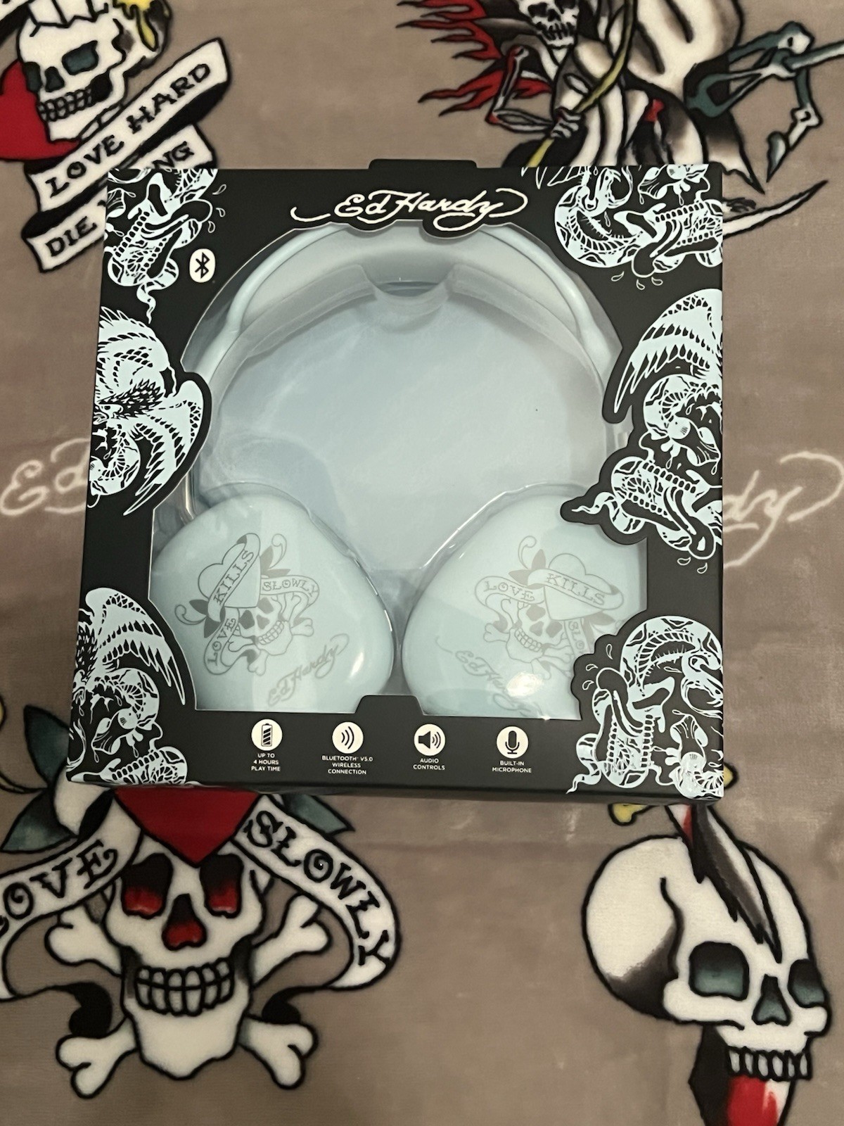 Ed Hardy Wireless Headphones Love Kills Slowly Blue V5.0 Bluetooth New In Box