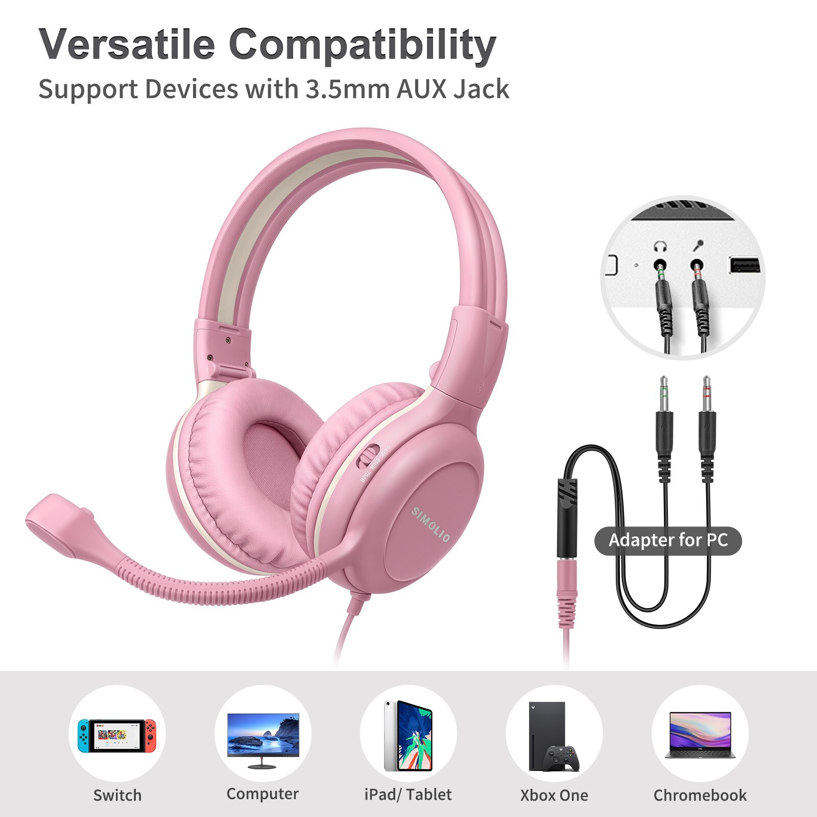 SIMOLIO 4 color Kids Headphones & Boom Microphone for School – iPad, PC, Laptop