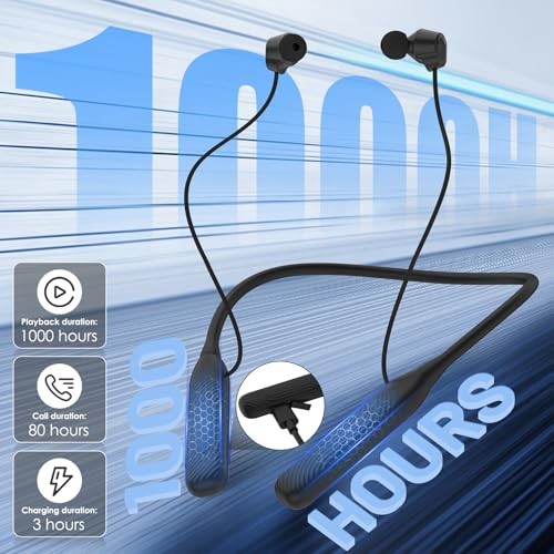 1-Year Quality Support – Black Bluetooth Headphones – Round Neckband – 1000H