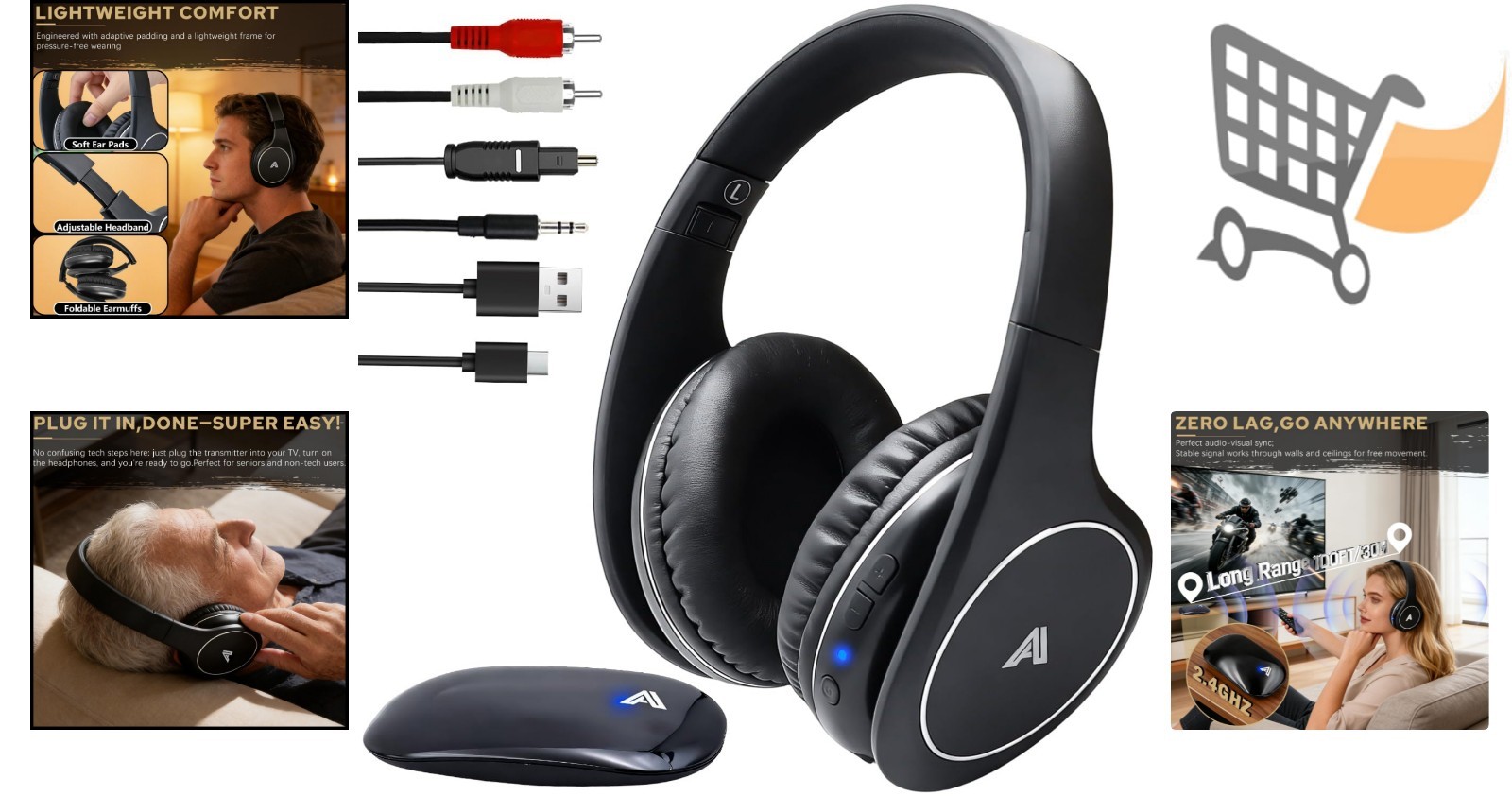 Wireless TV Headphones Over Ear Folding RF 2.4GHz Sound Isolation Noise Cance…