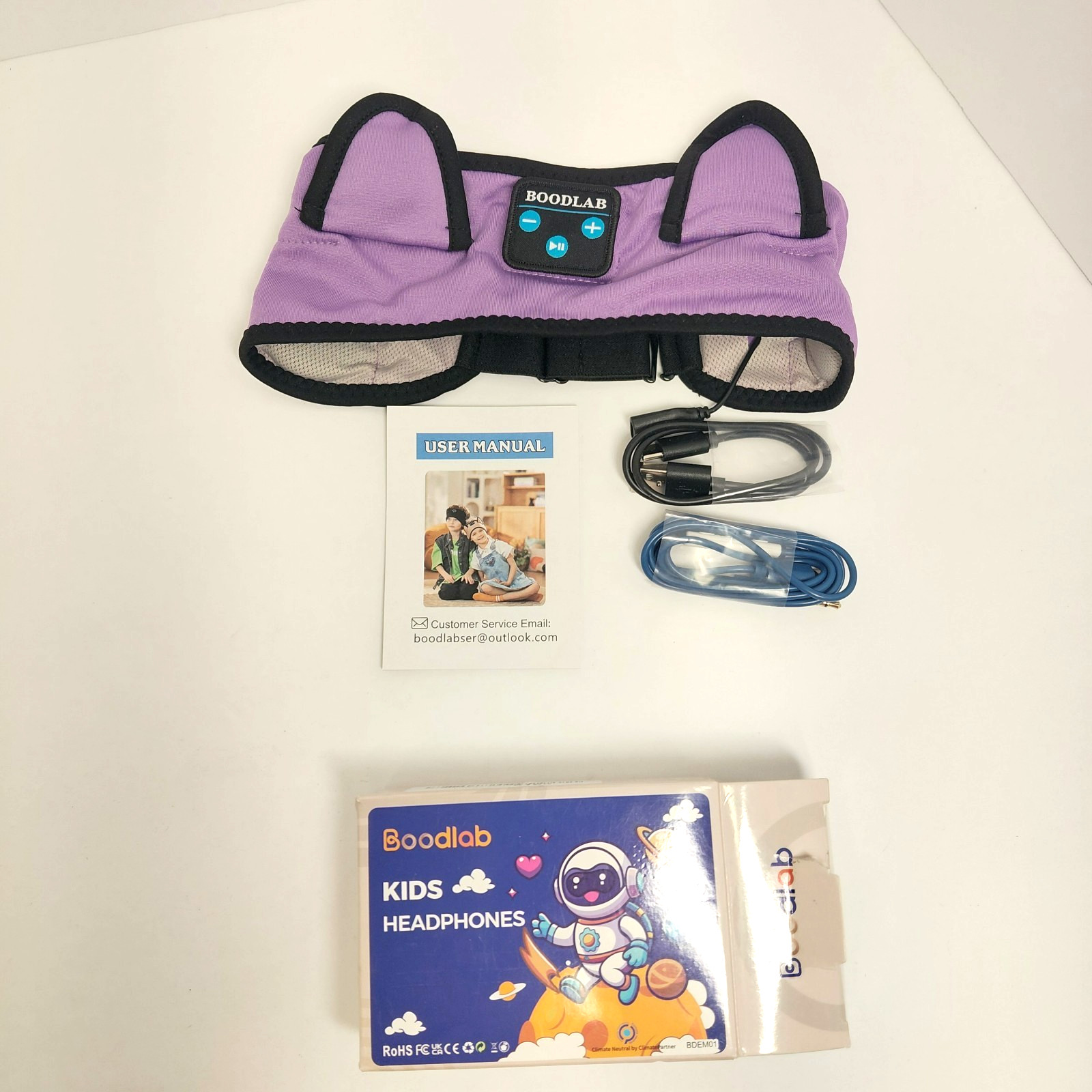 Boodlab Kids Headphones Purple soft fabric Bluetooth BDEM01 Dual Connectivity