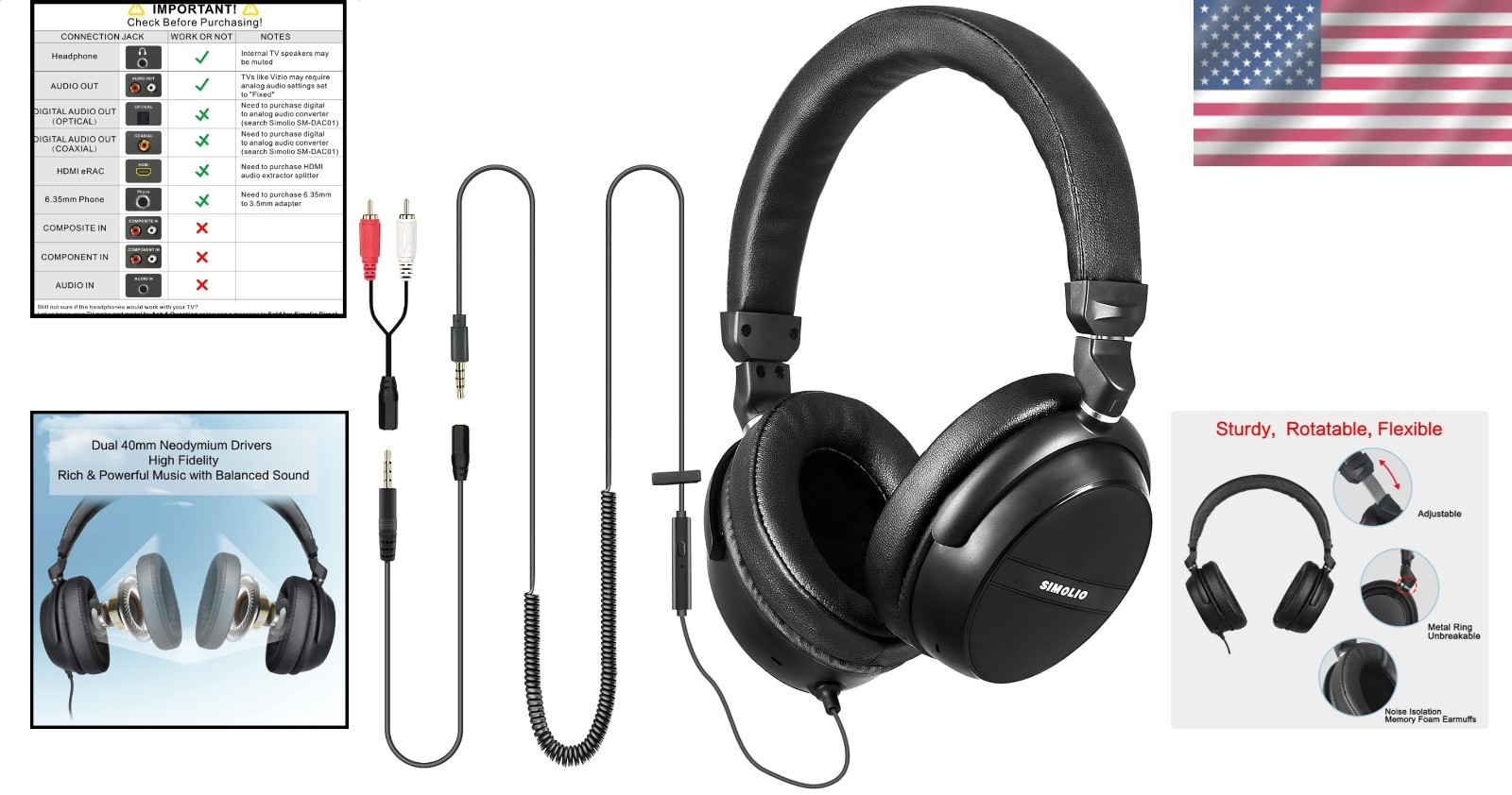 Long Cord TV Headphones with Mic, 21.6ft Wired Stereo Over Ear PC Audio