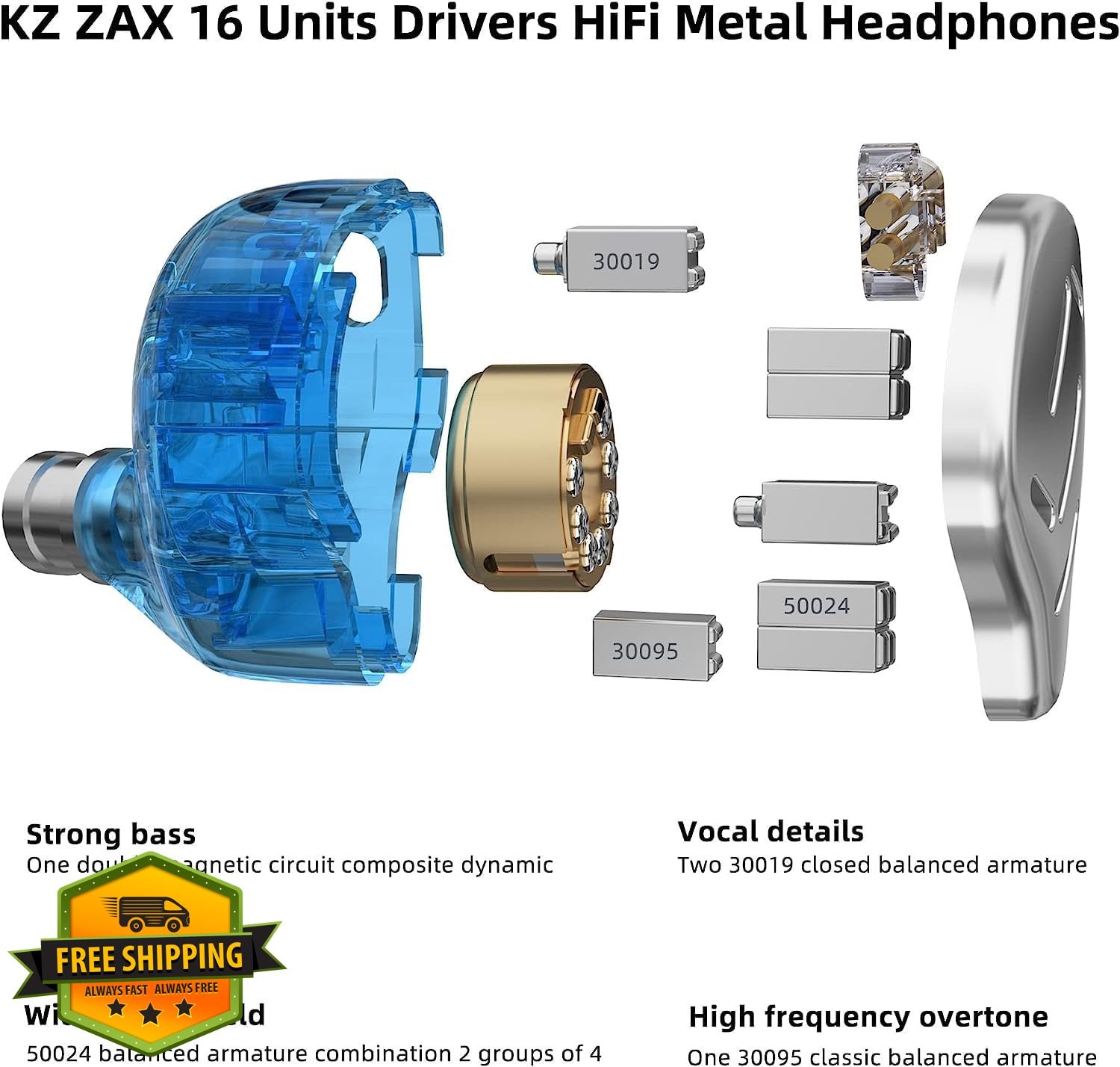 KZ Zax 7BA+1DD Hybrid Earbuds w/Mic Silver