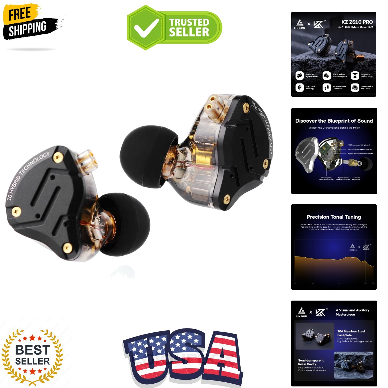 KZ ZS10 Pro, 4BA+1DD 5 Driver in Ear Monitor, HiFi Wired Earbuds, Gaming Earb…