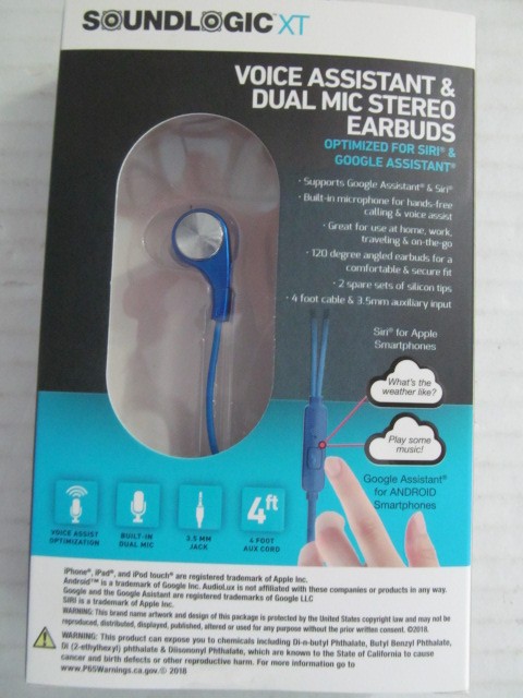 SoundlogicXT Voice Assistant & Dual Mic Stereo Earbuds, Choose Gray or Blue