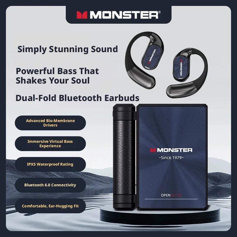 Monster AC530 Wireless Earbuds Open Bi-Folding Bluetooth 5.3 Sport HiFi Headset