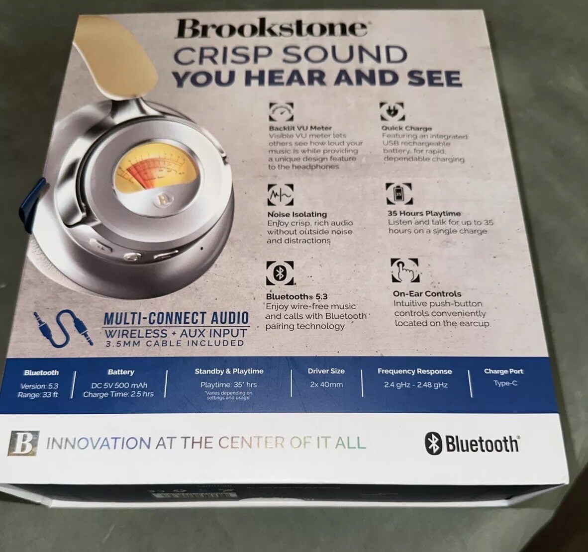 NIB Brookstone Acoustic Pro Wireless Metered Bluetooth 35 Hours Play Headphones