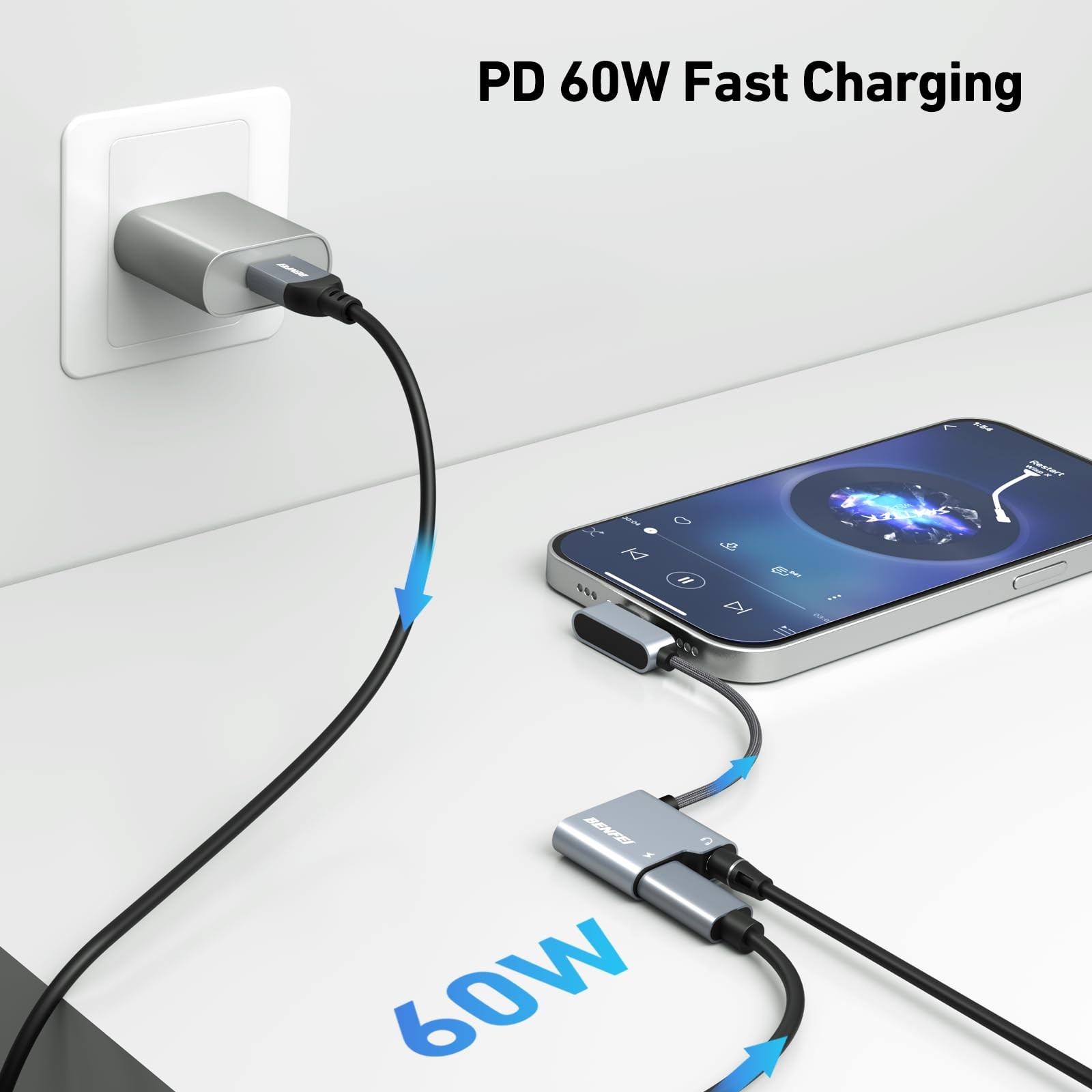 BENFEI USB C to Audio Jack Adapter with 60W Fast Charging, USB-C to 3.5mm Female