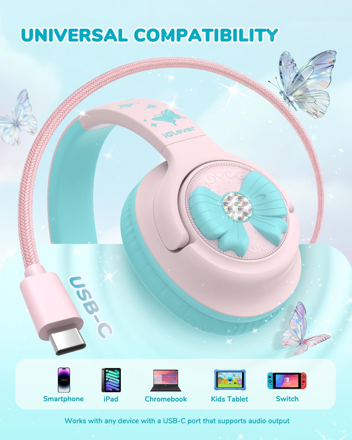 iClever C371 USB C Kids Headphones, 85dBA Safe Sound, Foldable for Travel, Pink