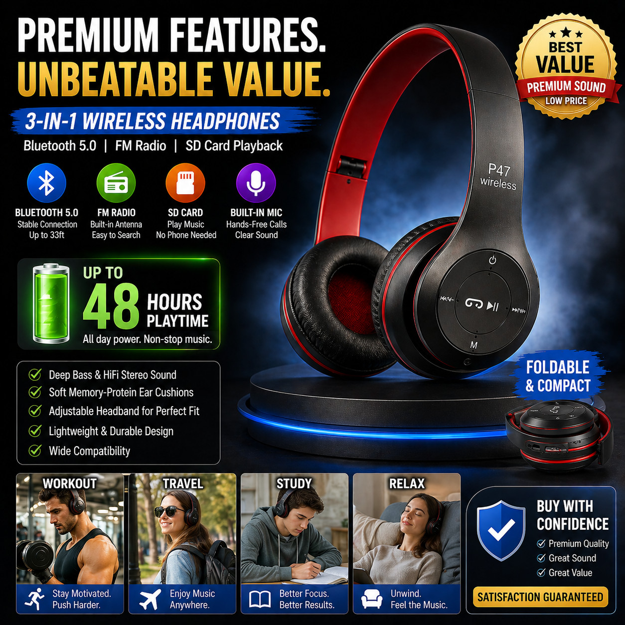 Bluetooth Headphones Wireless Over Ear Foldable 48H Battery FM Radio SD Card P47