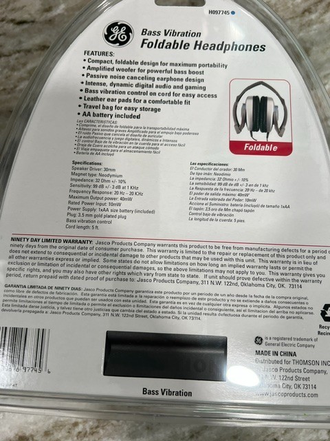 GE Foldable Headphones With Bass Vibration Technology NEW