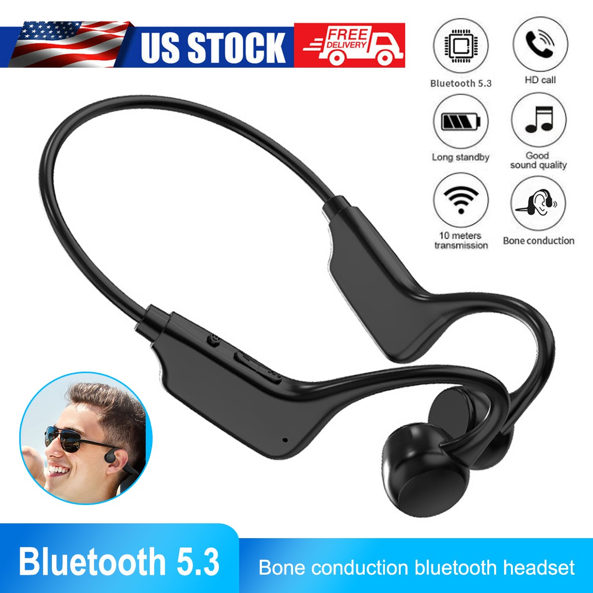 Bone Conduction Bluetooth 5.2 Headphones Sports Open-Ear with MP3 Mode 8Hrs Play