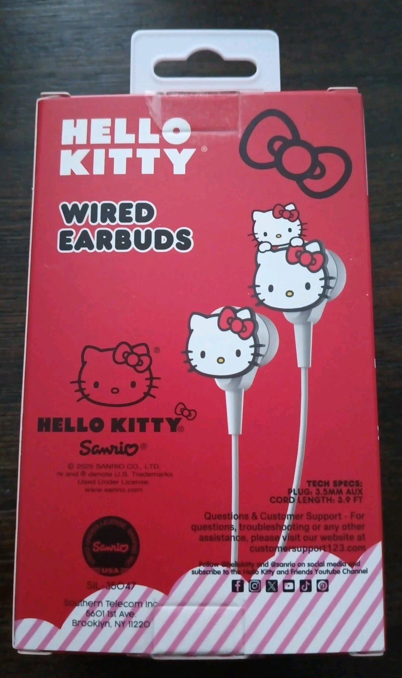 Hello Kitty Wired Earbuds w/Built-In Microphone – 3.5mm Input – New